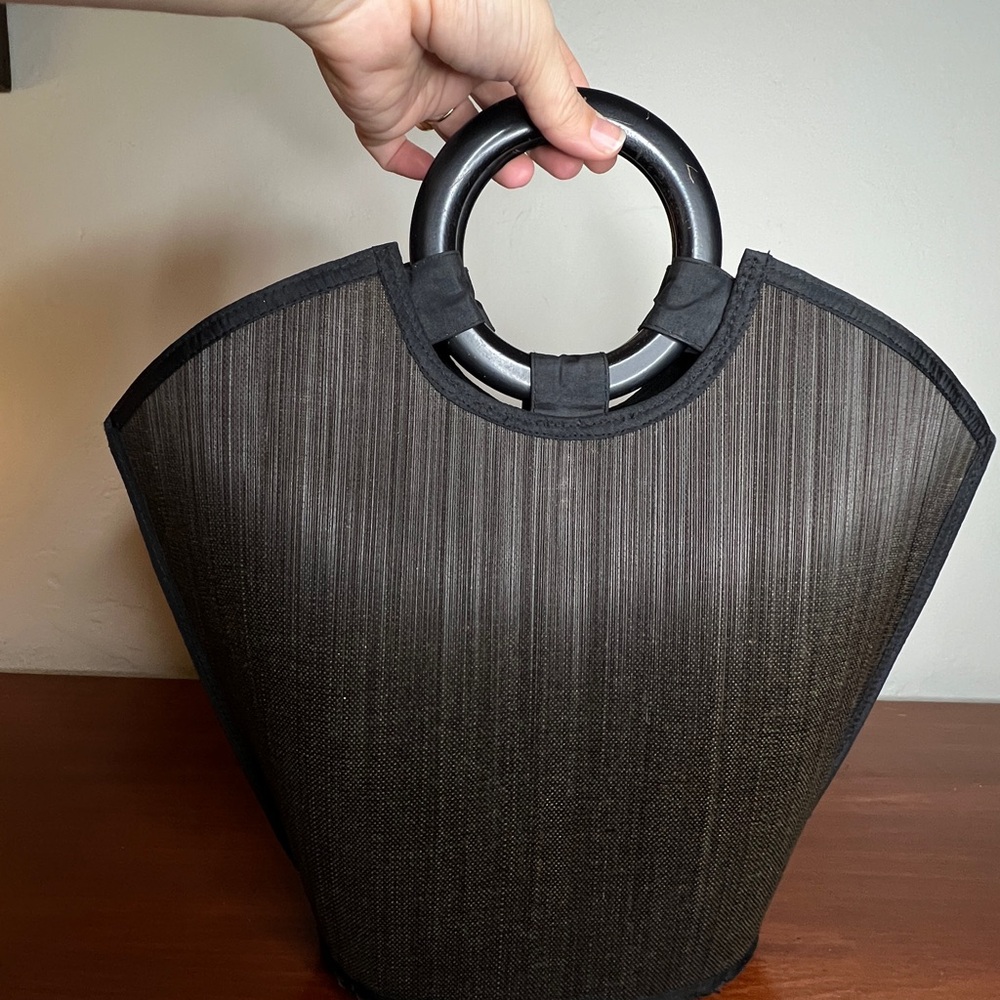 Black Tote Bag with Unique Shape and Striped Texture